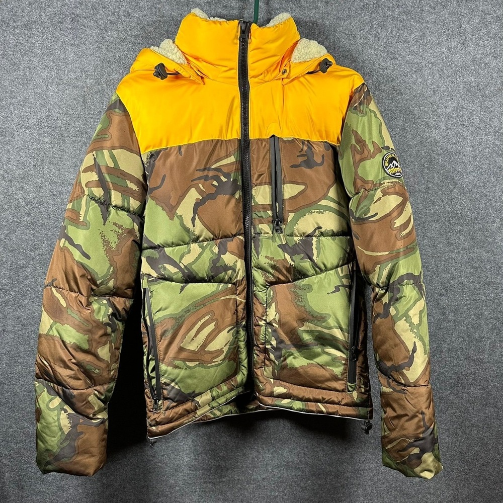 Superdry Men Small Mountain‎ Squad Camo Puffer Jacket Hooded Yellow